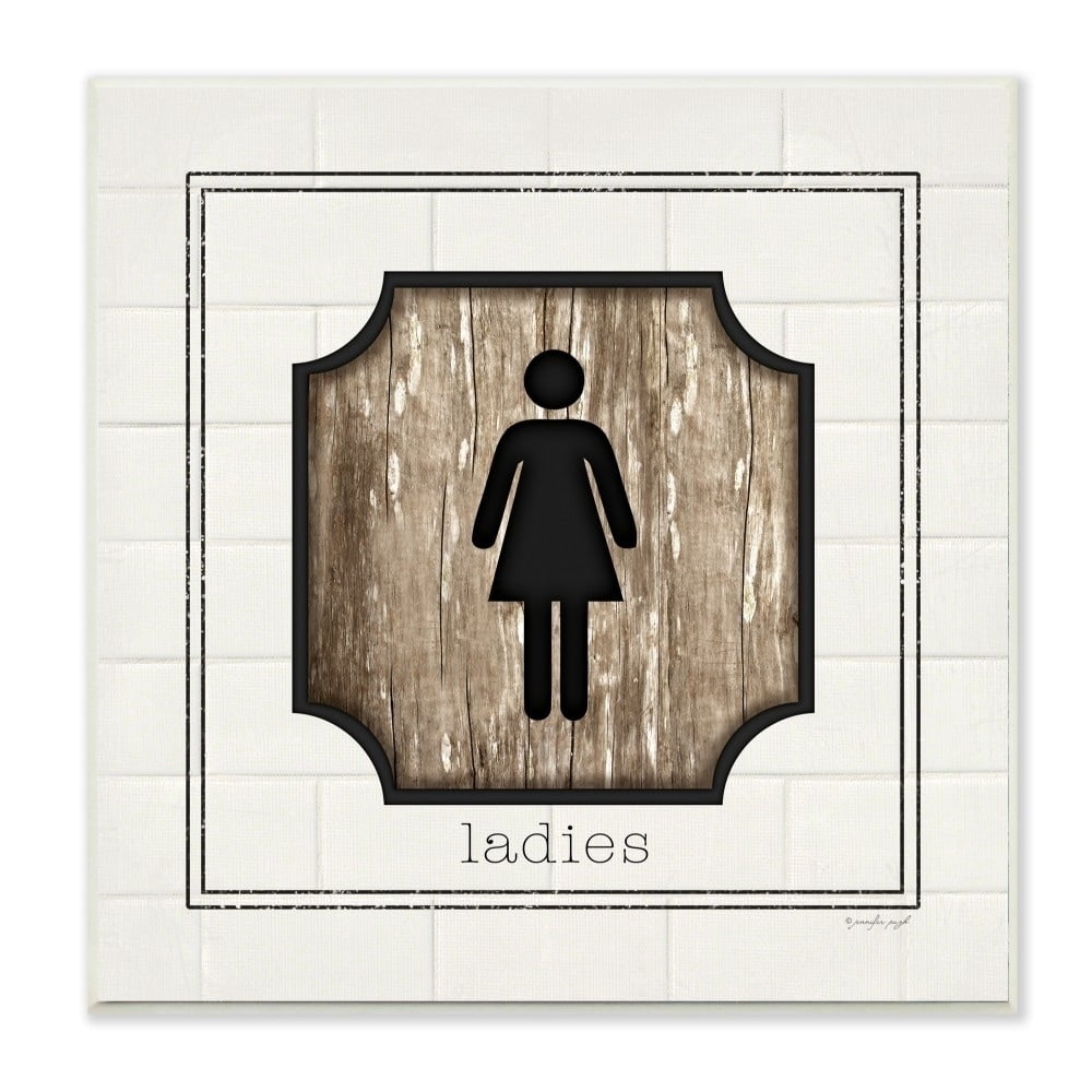 The Stupell Home Decor Simple White and Distressed Wood Look Ladies Bathroom Sign