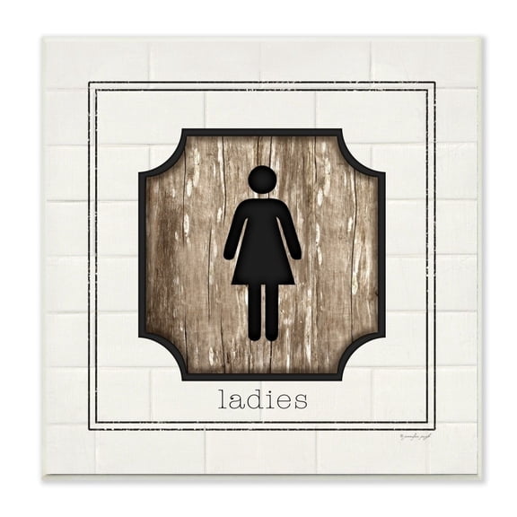 The Stupell Home Decor Simple White and Distressed Wood Look Ladies Bathroom Sign
