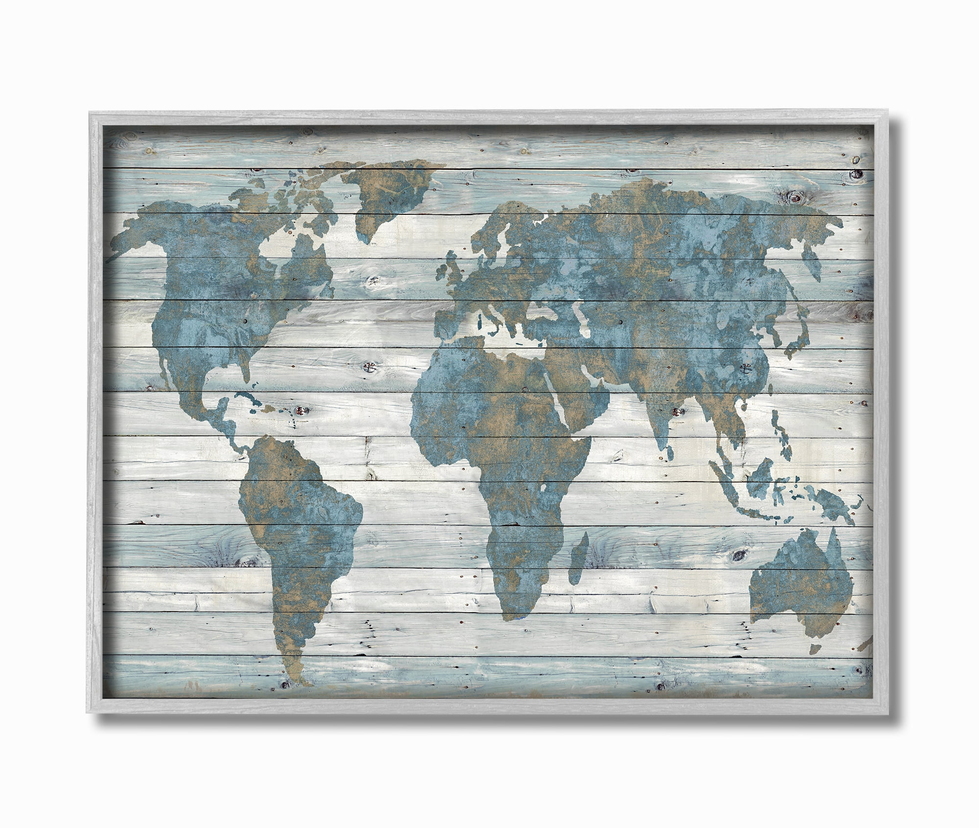 The Stupell Home Decor Slate Blue and Tan Rustic Planked Look Weathered World Map Gray Framed Texturized Art