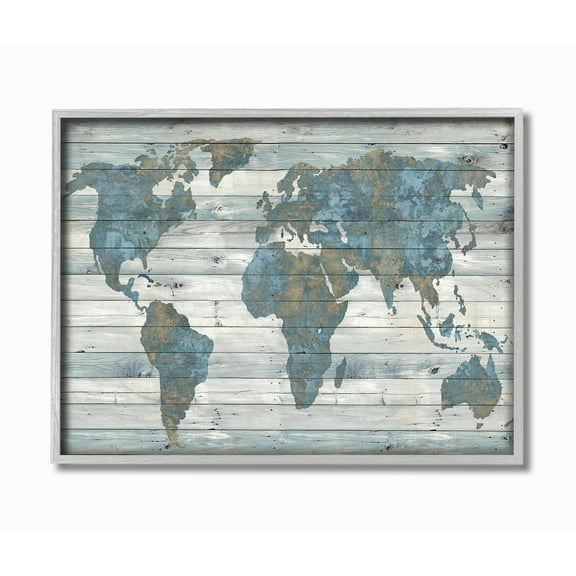 The Stupell Home Decor Slate Blue and Tan Rustic Planked Look Weathered World Map Gray Framed Texturized Art