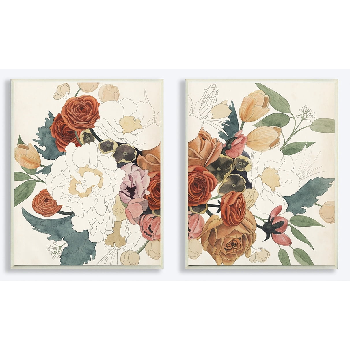 The Stupell Home Decor Soft Magnolia and Rose Floral in Cream Rust and Yellow Tones Wall Plaque Art, 2pc, each 10 x 15