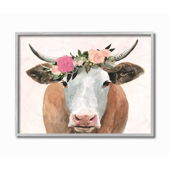 The Stupell Home Decor Springtime Flower Crown Farm Cow with Horns Gray Framed Texturized Art