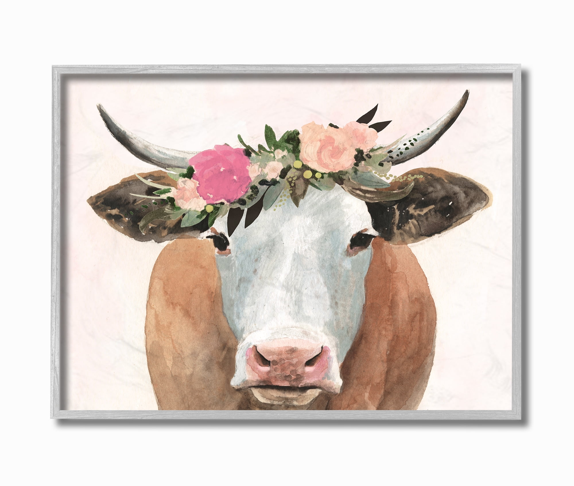 The Stupell Home Decor Springtime Flower Crown Farm Cow with Horns Gray Framed Texturized Art