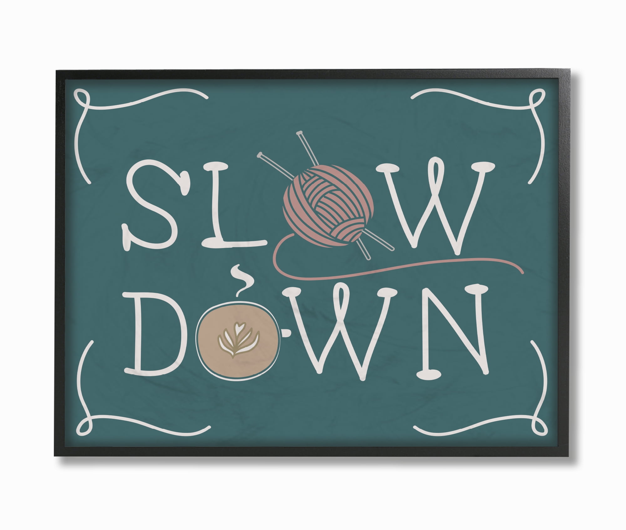 The Stupell Home Decor Teal Slow Down Hygge Typography with Yarn and Coffee Illustration Framed Texturized Art