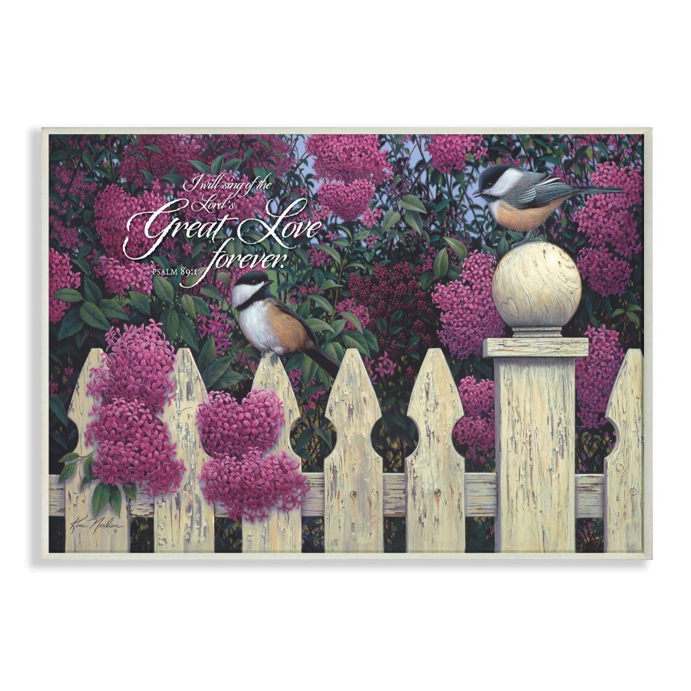 The Stupell Home Decor The Lords Great Love Birds with Purple Flowers and Fence
