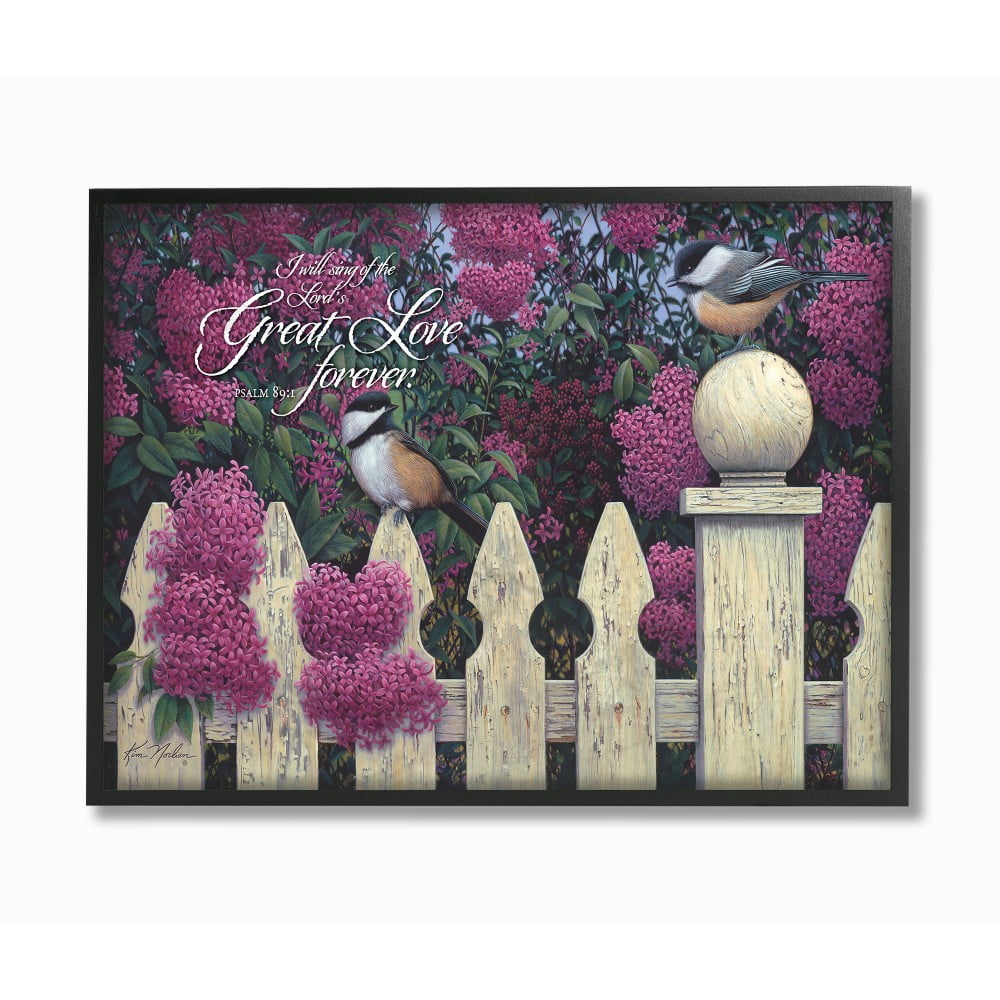 The Stupell Home Decor The Lords Great Love Birds with Purple Flowers and Fence