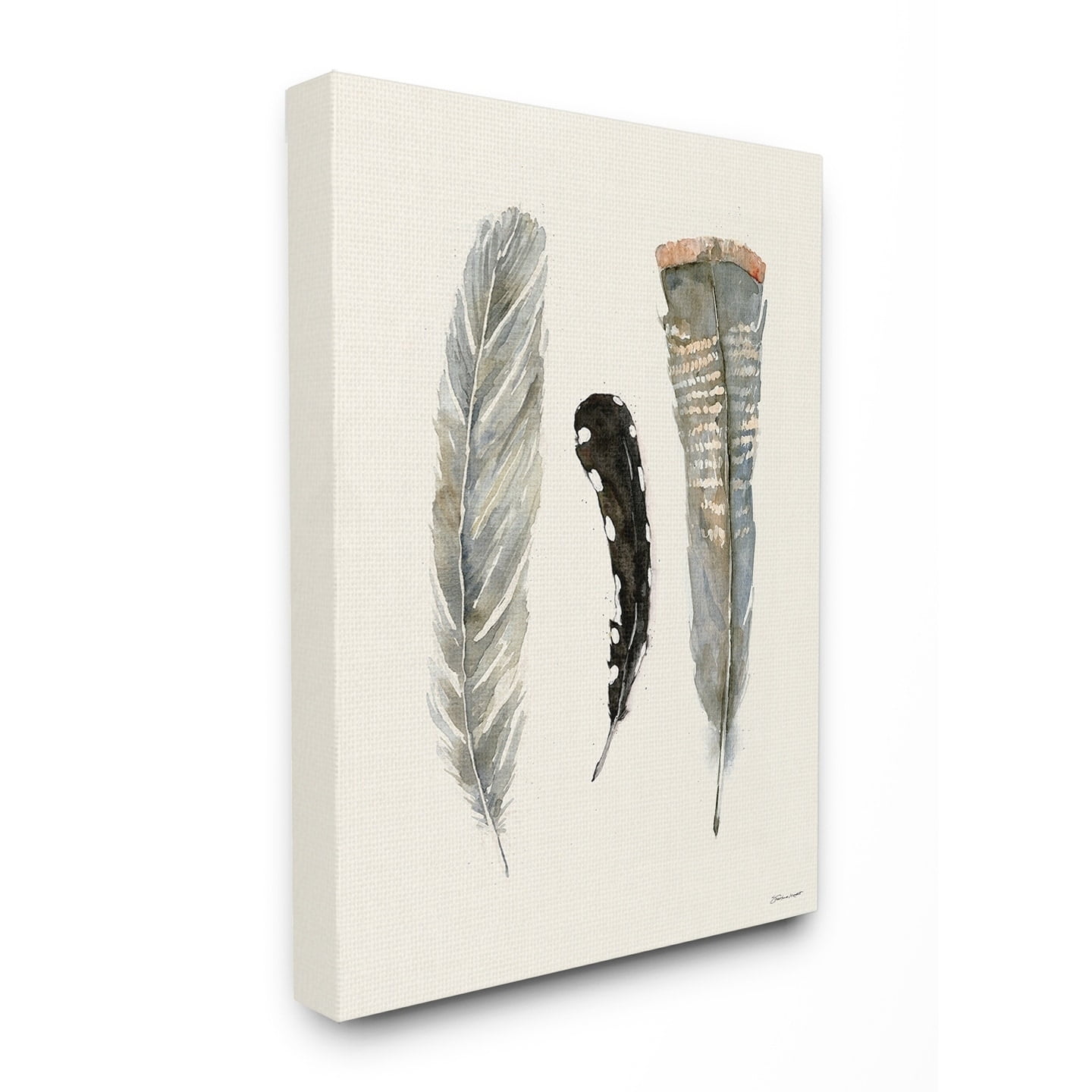 The Stupell Home Decor Three Soft Grey and Black Watercolor Feathers Canvas Wall Art