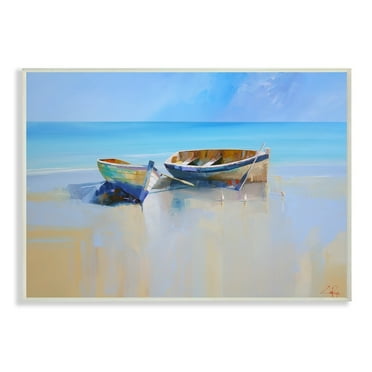 The Stupell Home Decor Two Row Boats at the Shining Shore Painting Wall Plaque Art