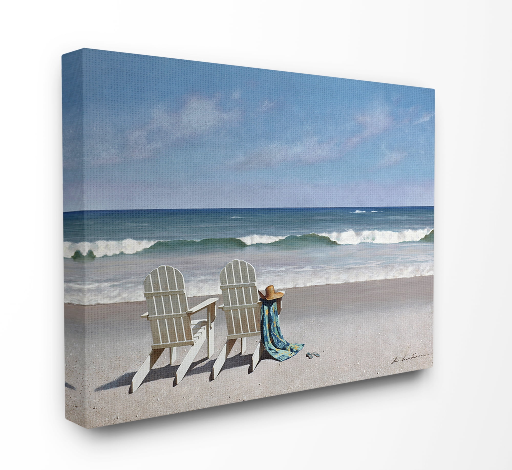 The Stupell Home Decor Two White Adirondack Chairs on the Beach Canvas Wall Art