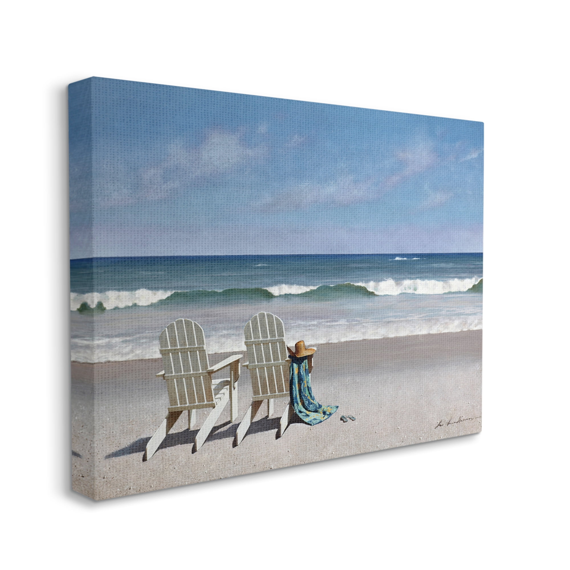 The Stupell Home Decor Two White Adirondack Chairs on the Beach Canvas Wall Art