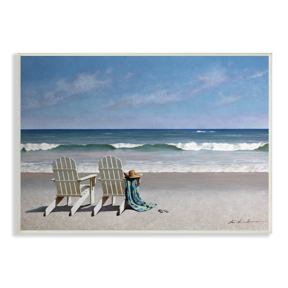 The Stupell Home Decor Two White Adirondack Chairs on the Beach Wall Plaque Art