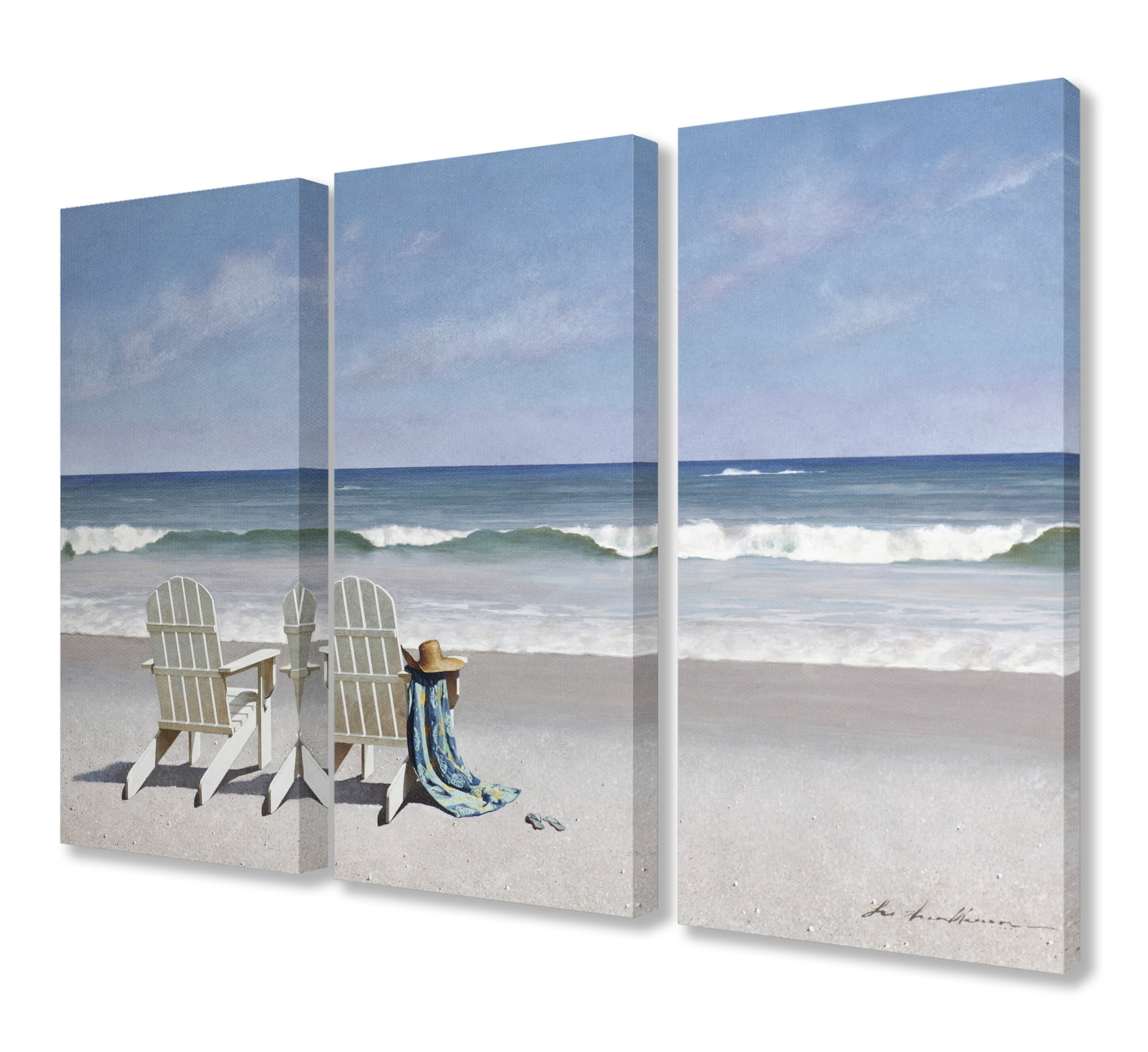The Stupell Home Decor Two White Adirondack Chairs with Towel on the Beach Triptych Canvas Wall Art, 3pc, each 16 x 24