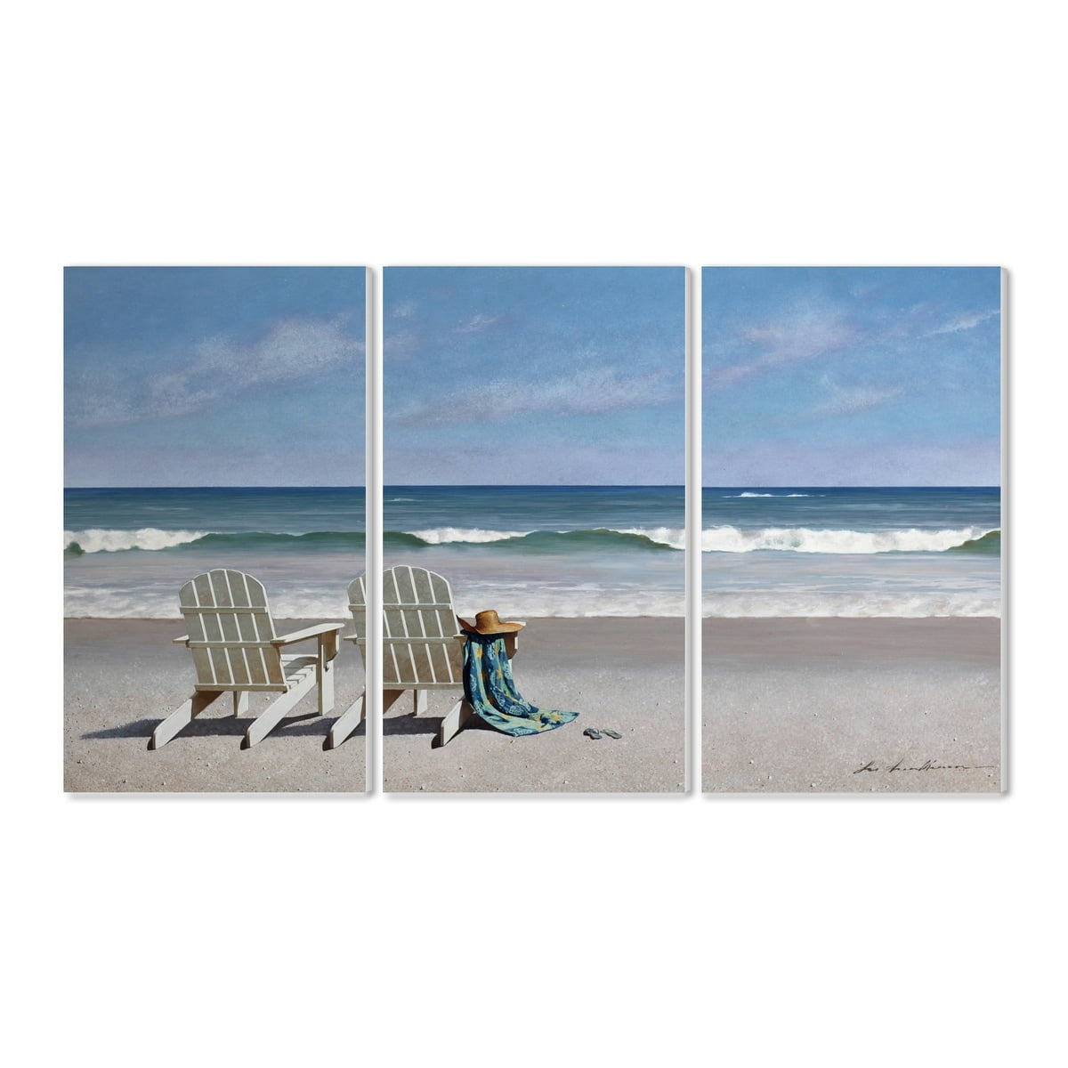The Stupell Home Decor Two White Adirondack Chairs with Towel on the Beach Triptych Wall Plaque Art, 3pc, each 11 x 17