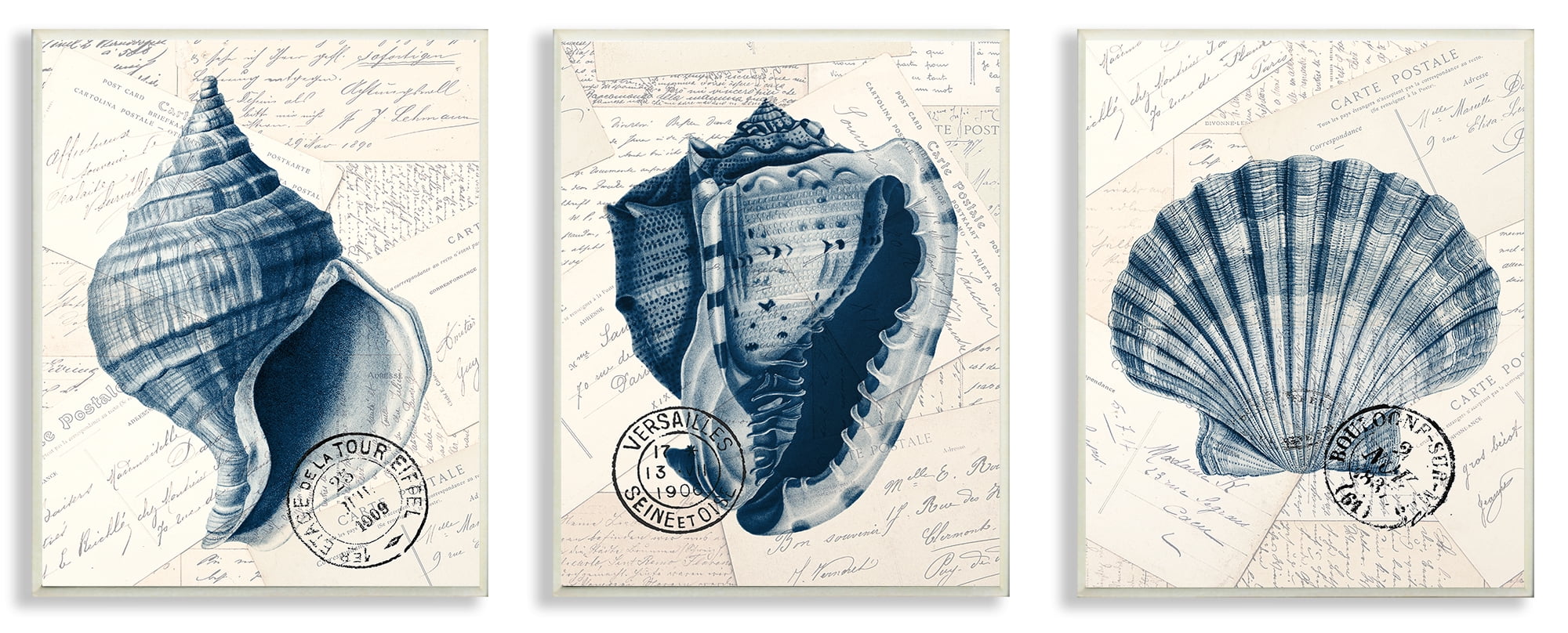The Stupell Home Decor Vintage Blue Indigo Shells on Aged Letters and Paper Trio Wall Plaque Art, 3pc, each 10 x 15