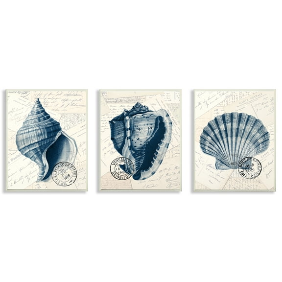 The Stupell Home Decor Vintage Blue Indigo Shells on Aged Letters and Paper Trio Wall Plaque Art, 3pc, each 10 x 15