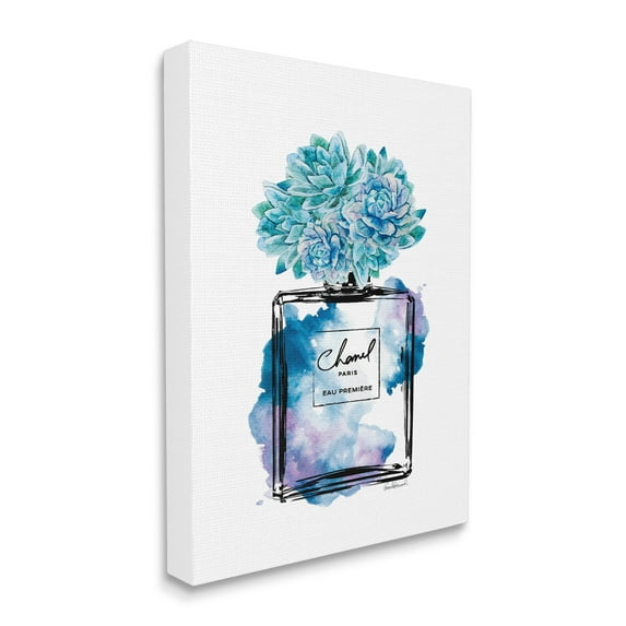 The Stupell Home Decor Watercolor Fashion Perfume Bottle with Blue Flowers Canvas Wall Art