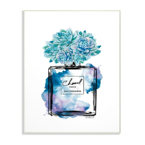 The Stupell Home Decor Watercolor Fashion Perfume Bottle with Blue Flowers Wall Plaque Art