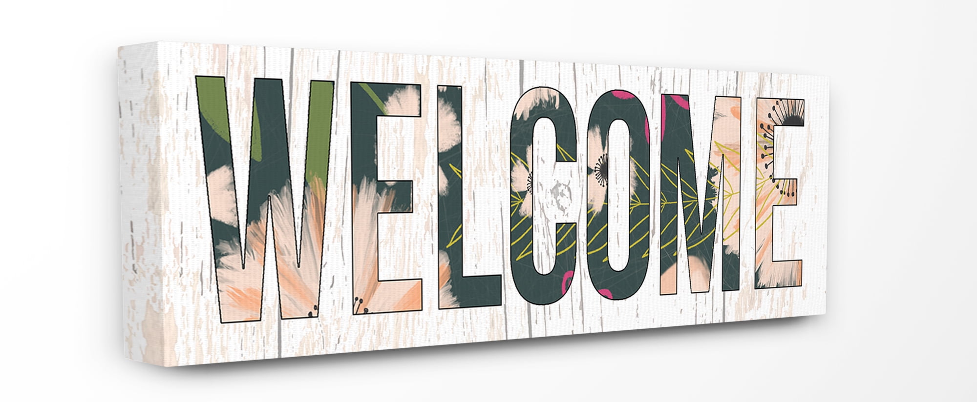 The Stupell Home Decor Welcome Planked Look Sign with Floral Letters Canvas Wall Art, 10 x 24