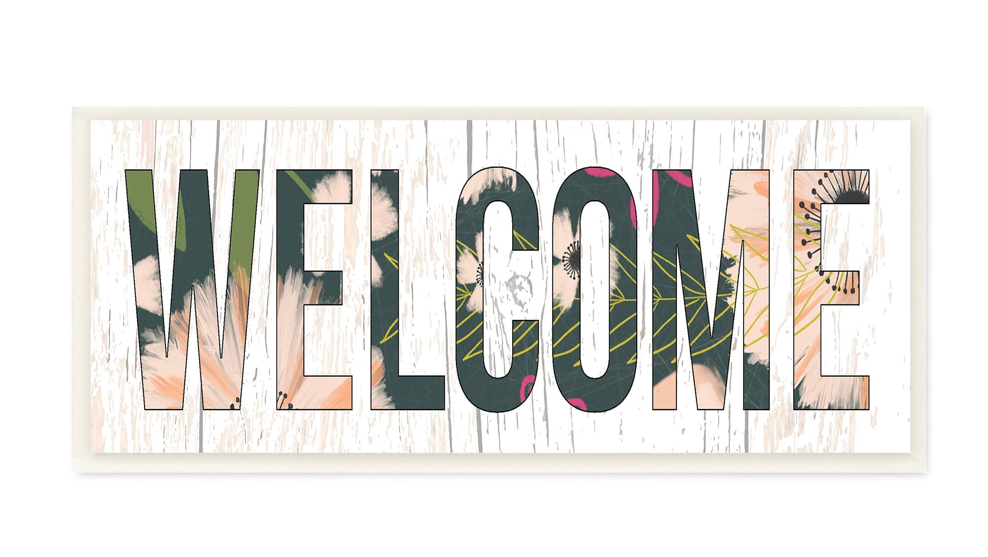 The Stupell Home Decor Welcome Planked Look Sign with Floral Letters Wall Plaque Art, 7 x 17