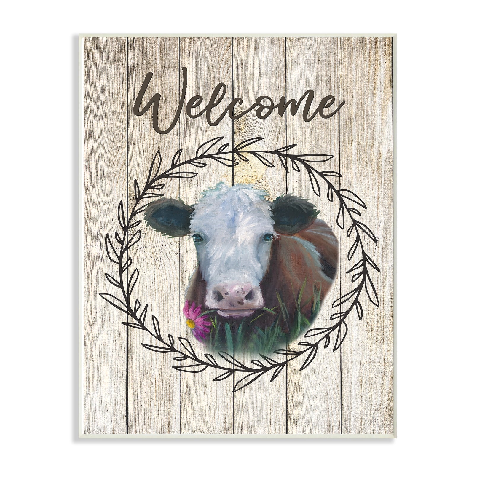 The Stupell Home Decor Welcome Sign Painted Cow with Flower and Wreath Wall Plaque Art