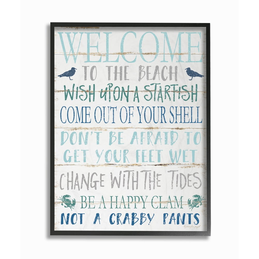 Black Framed Beach Rules Wall Art with White Wood Panel