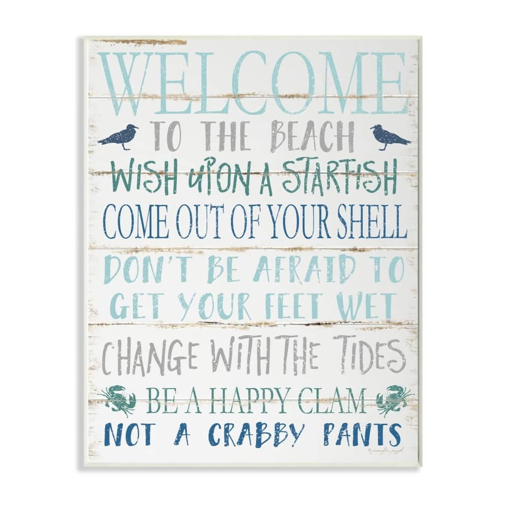 The Stupell Home Decor Welcome to the Beach Blue Aqua and White Planked Look Sign