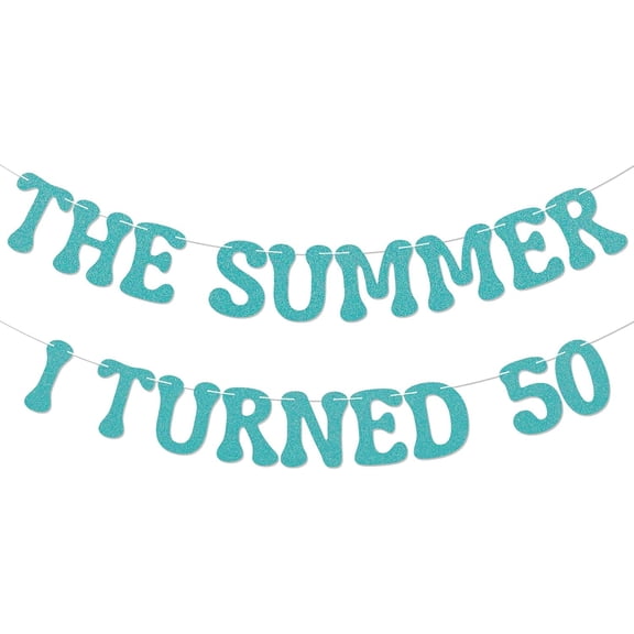 The Summer I Turned 50 Banner - Happy 50th Birthday Banner, Cheers to 50 Years, Summer Beach 50th Birthday Party Decorations Blue Glitter