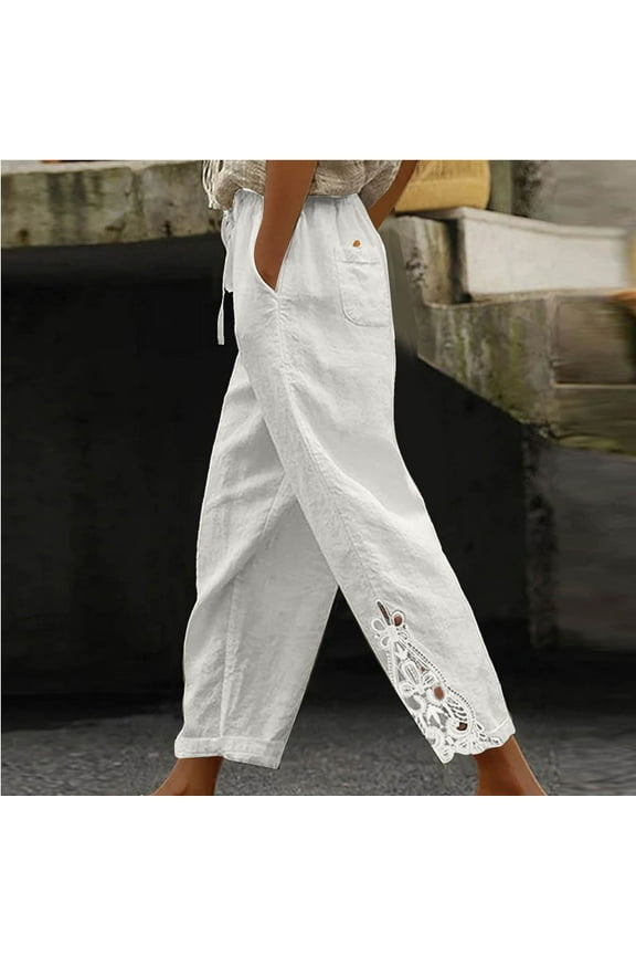 The Summer I Turned Pretty LEBONYARD Women's Wide Leg Pants with Pockets,Women's Lace Relaxed Bandage Pocket Button Waist Full Length Pants White XL