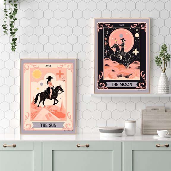The Sun And Moon Art Print Space Cowgirl Art Print Cosmic Cowgirl Art Coyboy Wall Art Western Wall Art Boho Art Print Set 2
