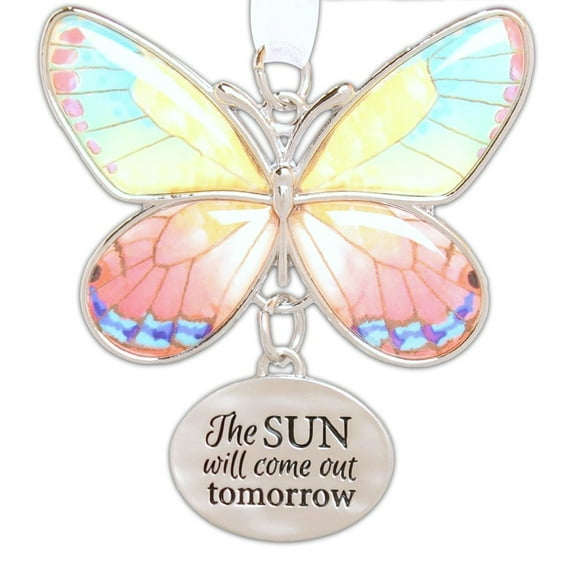 Ganz 2 Beautiful Zinc Butterfly Ornament with Sentiment Featuring White Organza Ribbon for Hanging (The Sun Will Come out Tomorrow)