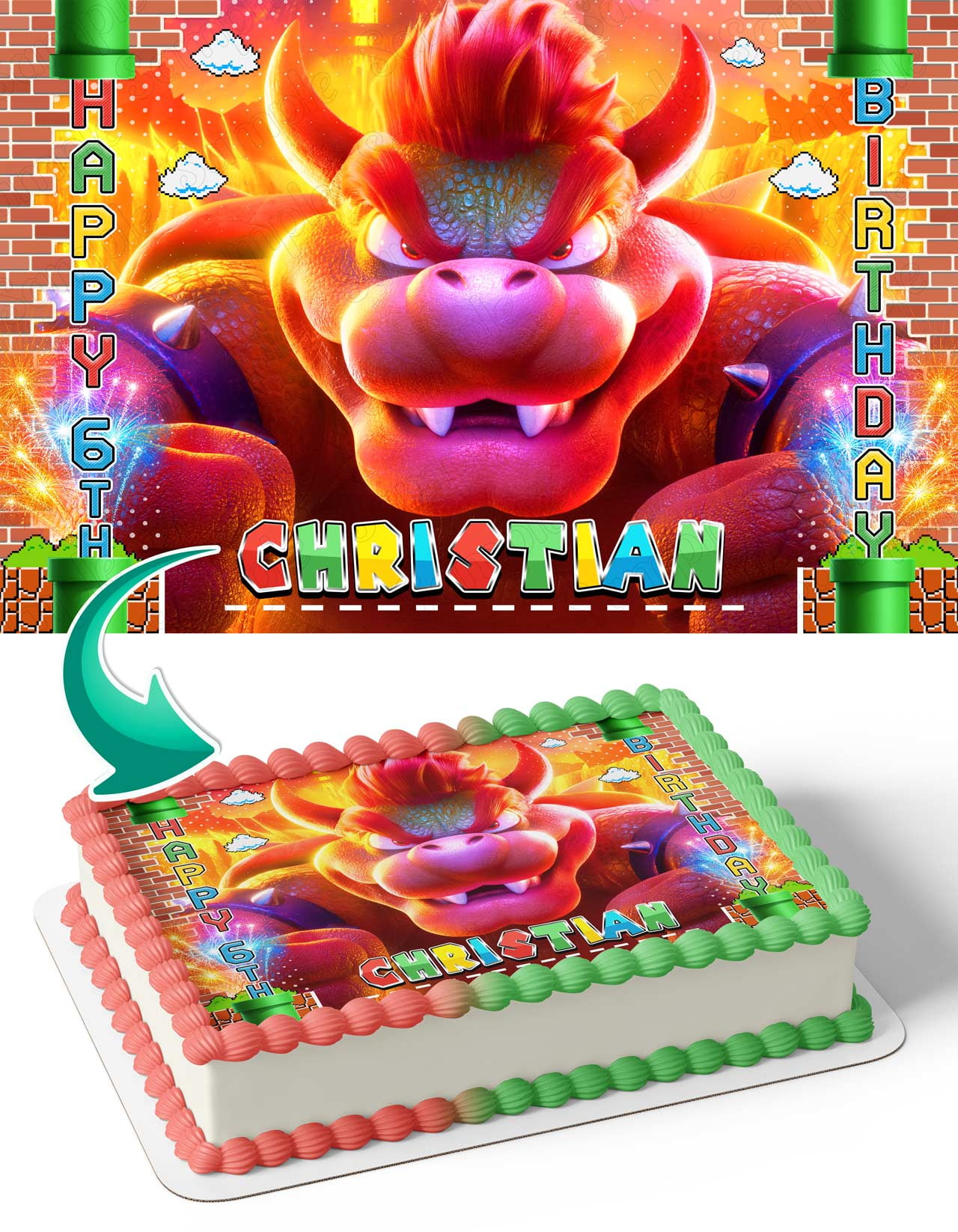 The Super Mario Bros Movie 2023 Bowser Edible Cake Image Topper Birthday Cake Picture Photo Icing Fondant Decoration 1/4 Sheet