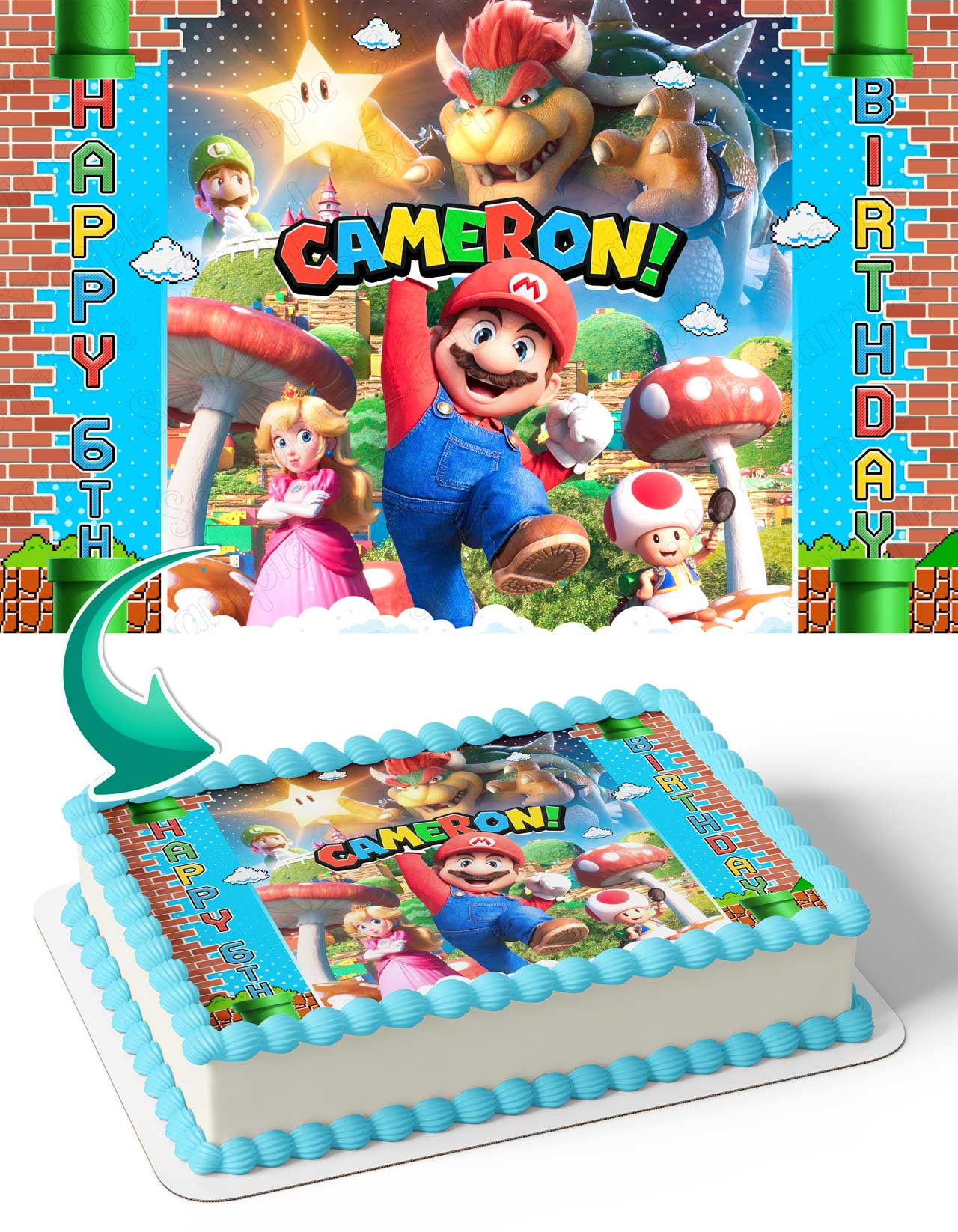 The Super Mario Bros Movie 2023 Luigi Edible Cake Image Topper Birthday Cake Picture Photo Icing Fondant Decoration 1/4 Sheet
