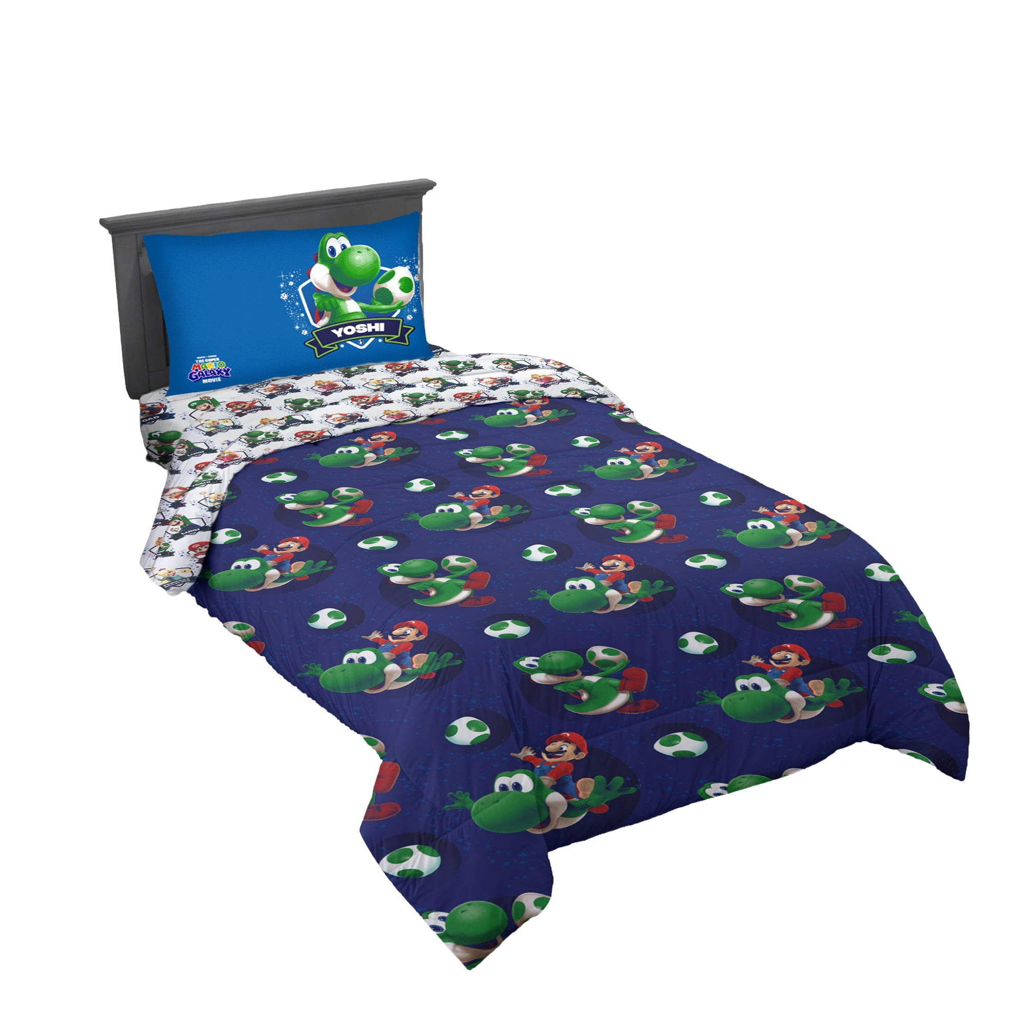 The Super Mario Galaxy Movie Kids 6 Piece Blue Reversible Comforter, Pillowcase, and Sheet Set, Queen