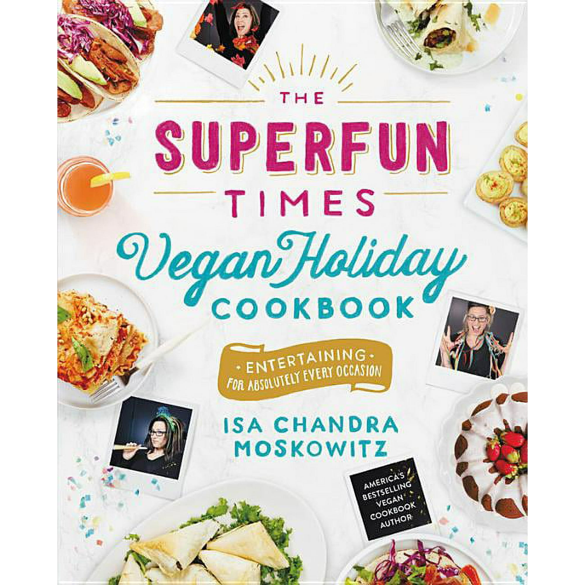 A cookbook cover with text and a photo of food on plates