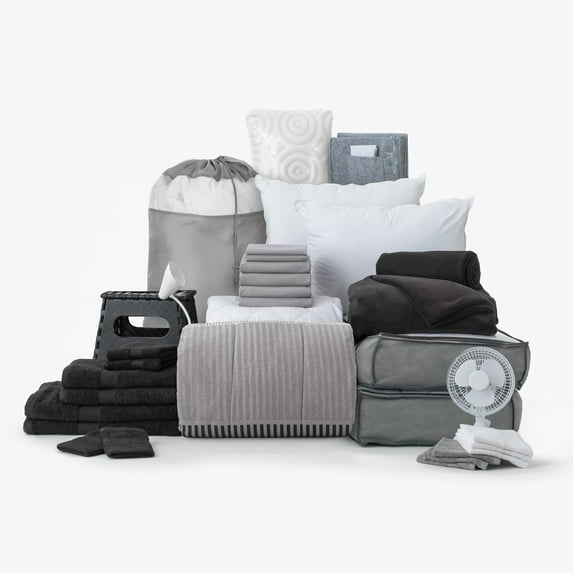 The Supreme Dorm Essentials Value Pack in Preston Black & Gray, 34-Piece College Dorm Bedding Twin XL Bedding Set, Bonus Mattress Topper, Pillows, Storage, 100% Cotton Towel Sets and More by Dawn