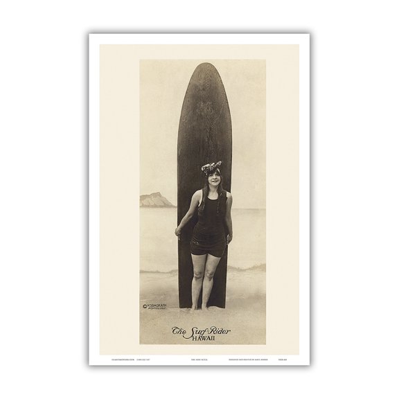 The Surf-Rider Hawaii - Bathing Beauty with Surfboard - Vintage B&W Historical Photograph by Ray Jerome Baker c.1910 - Master Art Print (Unframed) 12in x 18in