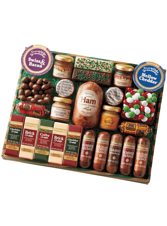 The Swiss Colony 25 Holiday Favorites - Assorted Chocolates, Sausage Meats, Cheese Blocks, and Spreadables, Sweet and Savory Variety Treats, Perfect Gift for Holidays, Christmas, or Birthdays