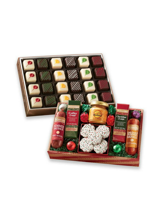 The Swiss Colony Holiday Treasure and Petits Fours Food Gift Bundle - Assorted Cheeses, Candy, Chocolate, Petits Fours, and Summer Sausage Meats