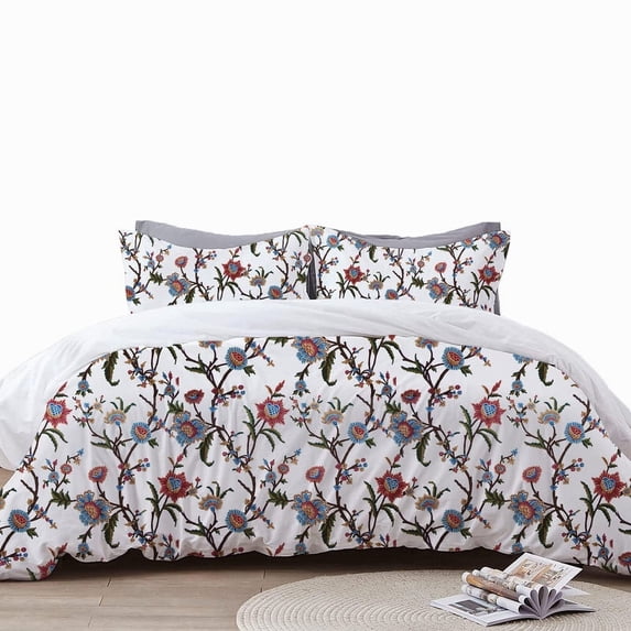 The Tangerine Store 2-Piece Linen Cotton Mix Duvet Cover Set 63x88 inches - Twin Size, Jane Crewel Embroidery - Zip Closure, 4 Corner Ties, Pre-Washed Fabric