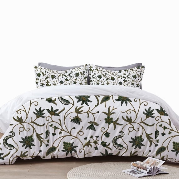 The Tangerine Store 2-Piece Linen Cotton Mix Duvet Cover Set 63x88 inches - Twin Size, Sylvie Crewel Embroidery - Zip Closure, 4 Corner Ties, Pre-Washed Fabric