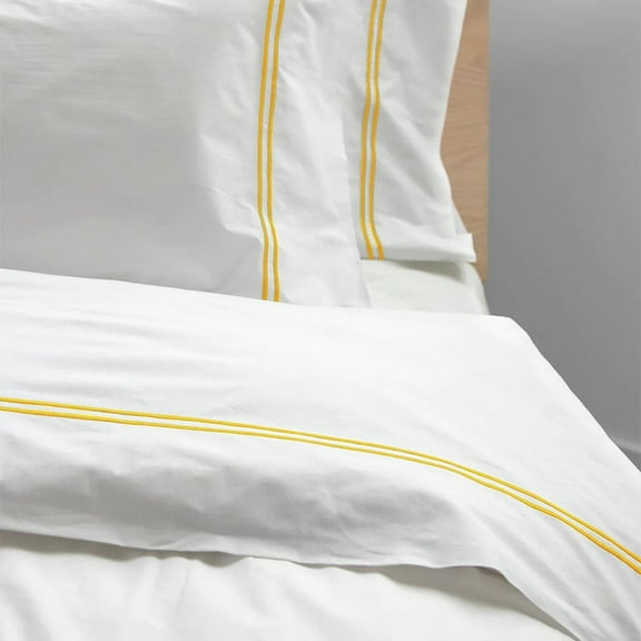 The Tangerine Store 2-Piece Tracks Pure Linen Duvet Cover Set 63x88 inches - Twin Size, White With Yellow Embroidered Edge - Zip Closure, 4 Corner Ties, Pre-Washed Fabric