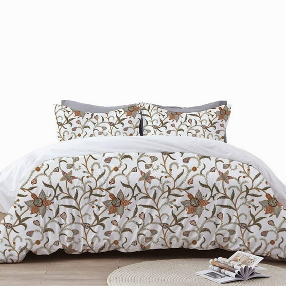 The Tangerine Store 3-Piece Linen Cotton Mix Duvet Cover Set 88x90 inches - Queen Size, January Crewel Embroidery - Zip Closure, 4 Corner Ties, Pre-Washed Fabric