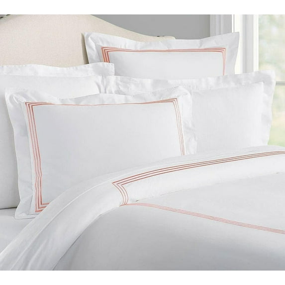 The Tangerine Store 3-Piece Lines Pure Linen Duvet Cover Set 102x90 inches - King Size, White With Coral Pink Embroidered Edge - Zip Closure, 4 Corner Ties, Pre-Washed Fabric