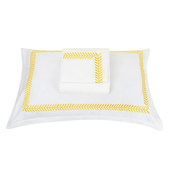 The Tangerine Store 3-Piece Willow Pure Linen Duvet Cover Set 88x90 inches - Queen Size, White With Yellow Embroidered Edge - Zip Closure, 4 Corner Ties, Pre-Washed Fabric