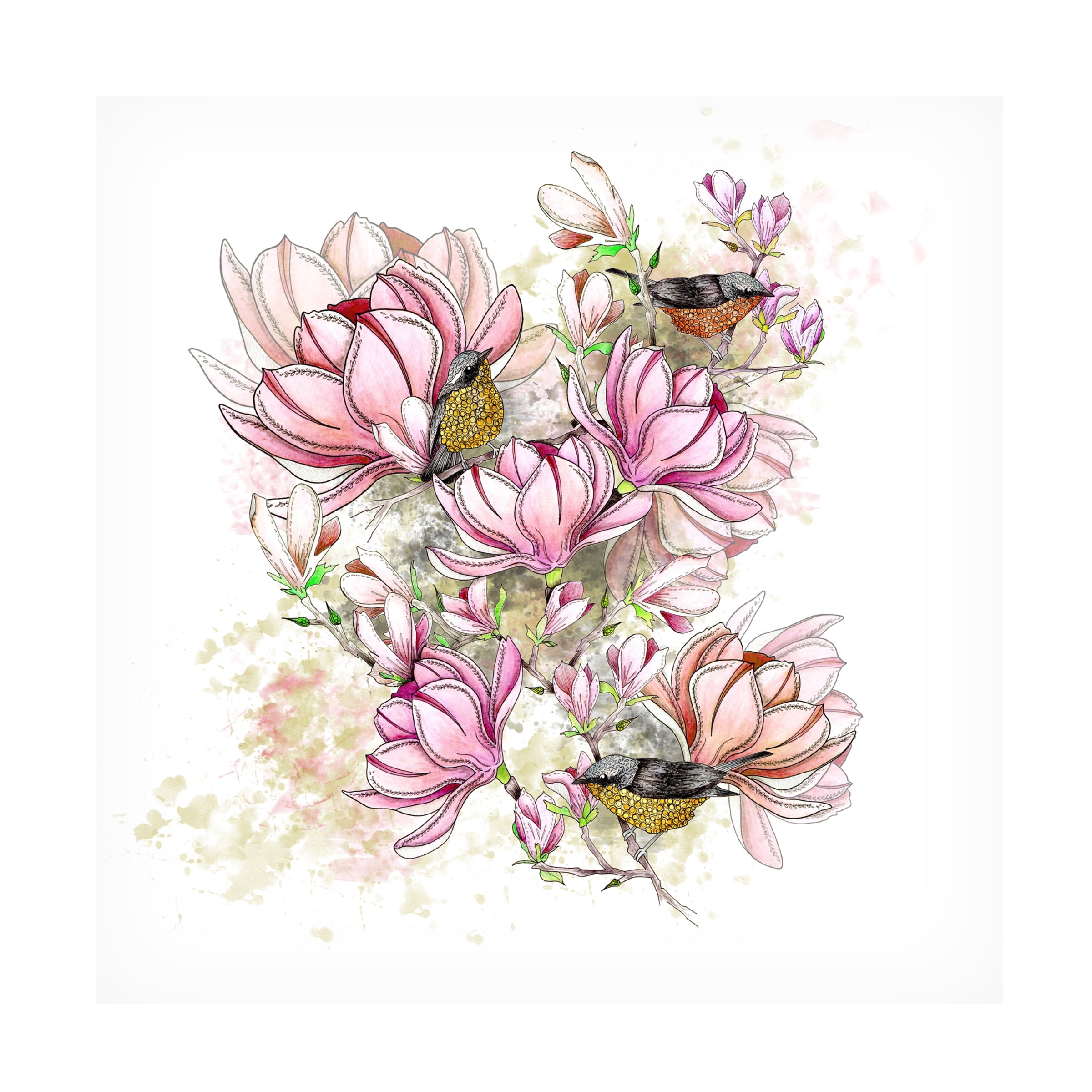 Magnolia Blooms and Birds Pink Canvas Art 18" x 18"
