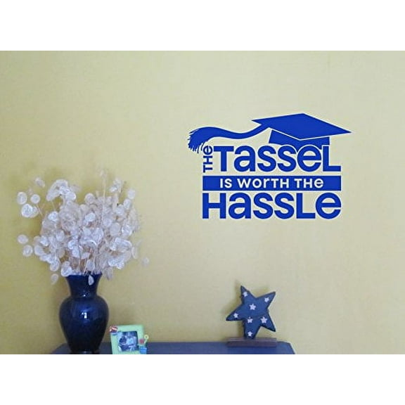 The Tassel is Worth the Hassle Vinyl Sticker Party Decal Graduation Quote, 23x15-Inch, Traffic Blue