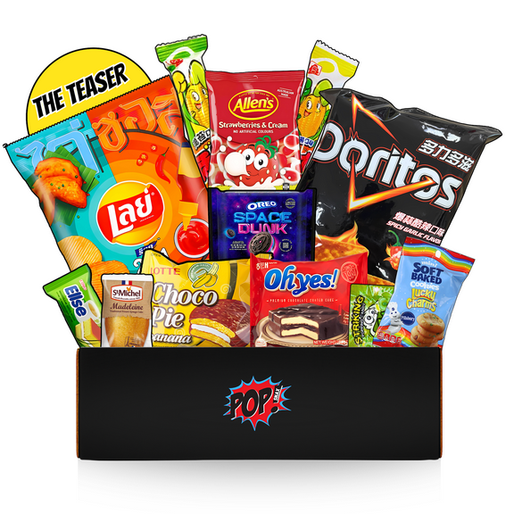 Pop Snax International Mystery Snack Box | 12 Global Treats Variety Pack | The Teaser Mystery Snack Gift Basket with Chips, Candy & Cookies