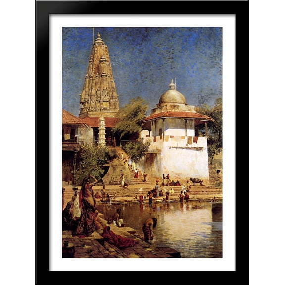 The Temple And Tank Of Walkeshwar At Bombay 28x40 Large Black Wood Framed Print Art by Edwin Lord Weeks