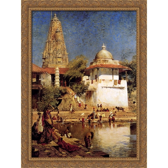 The Temple And Tank Of Walkeshwar At Bombay 28x40 Large Gold Ornate Wood Framed Canvas Art by Edwin Lord Weeks