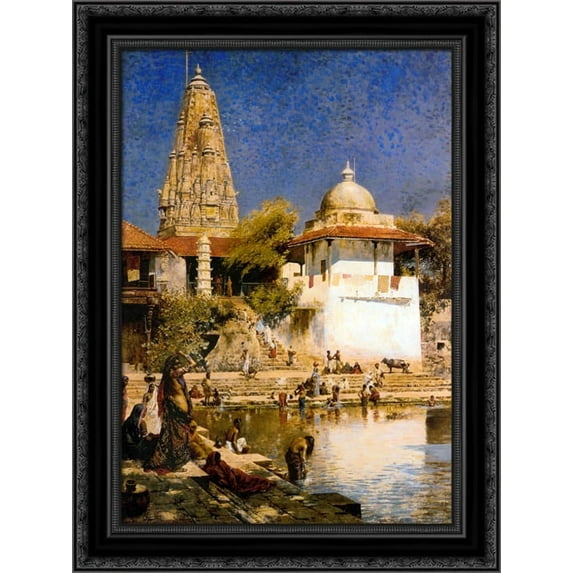 The Temple and Tank of Walkeschwar at Bombay 19x24 Black Ornate Wood Framed Canvas Art by Weeks, Edwin Lord